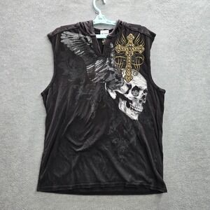 Route 66 Men Shirt L Black Hooded Skull Cross Studded Sleeveless Grunge Y2K